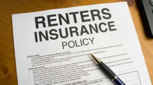 does-renters-insurance-cover-water-damage-in-maryland_11zon - First & Last Restoration Policy document titled 'Renters Insurance Policy' on a desk with a pen nearby and a calculator in the corner, ready to review.