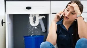 how-much-does-water-damage-restoration-cost-in-baltimore - First & Last Restoration - First & Last Restoration Woman sitting on the floor next to a leaking kitchen sink, talking on a cellphone with a blue bucket catching the water beneath the pipes.