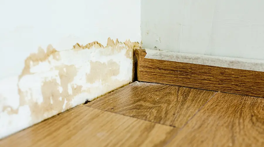 how-to-document-water-damage-for-an-insurance-claim-in-maryland - First & Last Restoration Corner of a room with peeling wall paint and chipped plaster at the baseboard above a wooden floor.